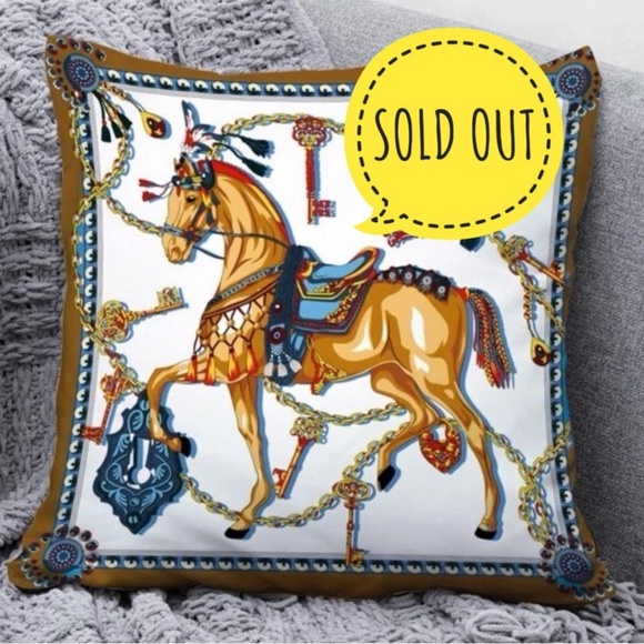SOLD Pillow Cover Carousel Horse Print Large Square 17.7 in Gold Blue Multicolor - Picture 1 of 12